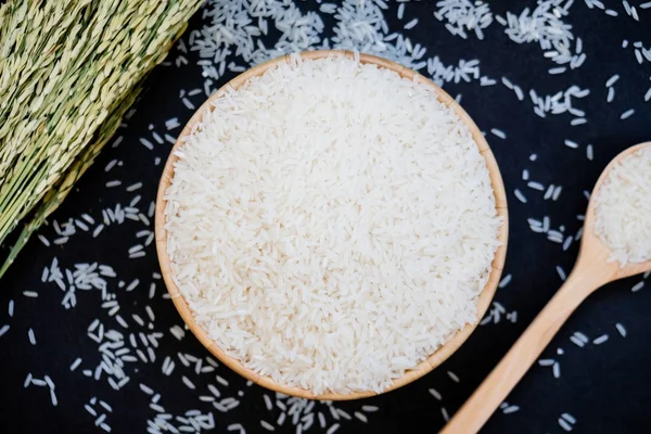 Arroz Jasmim Cru Tigela Madeira Colher Com Grão Semente — Fotografia de Stock