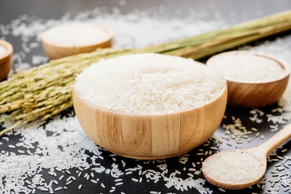 Riso Gelsomino Crudo Ciotola Legno Cucchiaio Con Grano Semi — Foto Stock