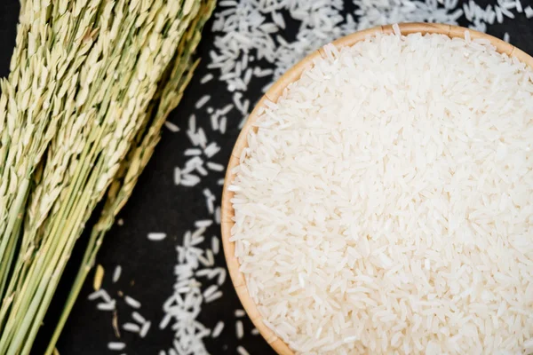 Arroz Jazmín Crudo Cuenco Madera Cuchara Con Grano Semilla — Foto de Stock