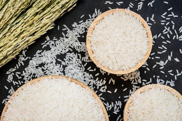 Arroz Jasmim Cru Tigela Madeira Colher Com Grão Semente — Fotografia de Stock