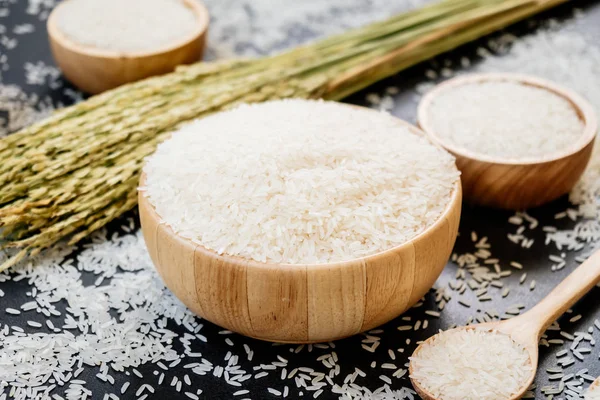 Riso Gelsomino Crudo Ciotola Legno Cucchiaio Con Grano Semi — Foto Stock