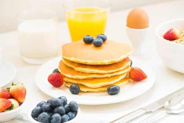 Healthy Breakfast Set Pancake Granola Blueberry Strawberry Black Coffee Milk — Stock Photo, Image