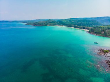 Güzel bir plaj ve deniz Hindistan cevizi hurma ağacı ile havadan görünümü