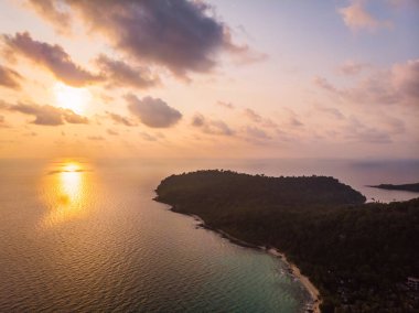 Güzel bir plaj ve deniz ile Hindistan cevizi hurma ağacı havadan görünümü
