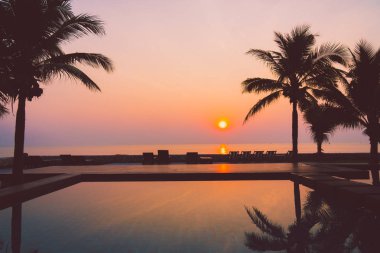 Siluet Hindistan cevizi hurma ağacının etrafında Açık Yüzme Havuzu