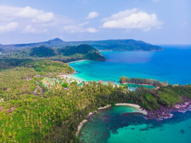 Güzel bir plaj ve deniz Hindistan cevizi hurma ağacı ile havadan görünümü