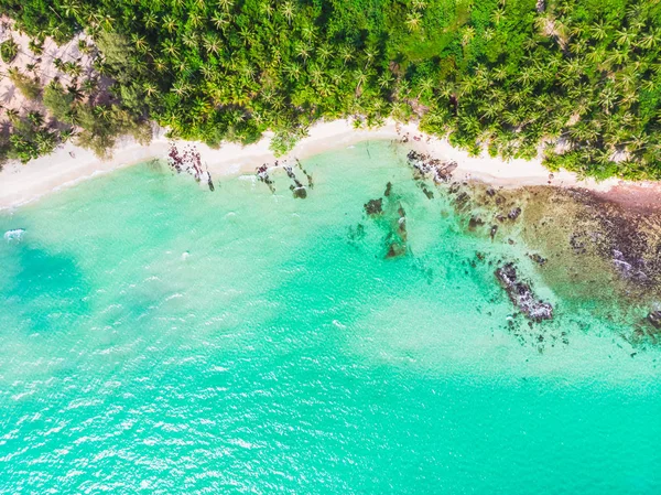 Güzel bir plaj ve deniz Hindistan cevizi hurma ağacı ile havadan görünümü — Stok fotoğraf