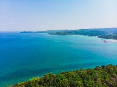 Güzel bir plaj ve deniz Hindistan cevizi hurma ağacı ile havadan görünümü