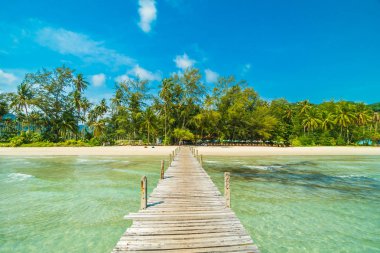 Ahşap iskele veya tropikal plaj ve Deniz Paradise ile köprü
