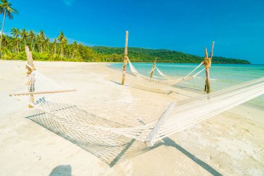 Hamak güzel tropikal plaj tropikal Hindistan cevizi palmiye ağaçları ve deniz ile 