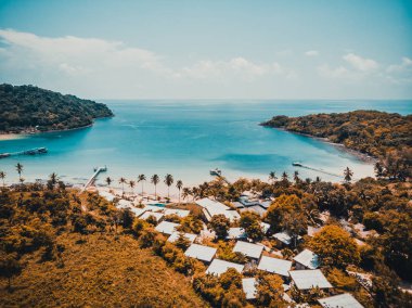 Plaj ve deniz ile Hindistan cevizi hurma ağacı güzel havadan görünümü