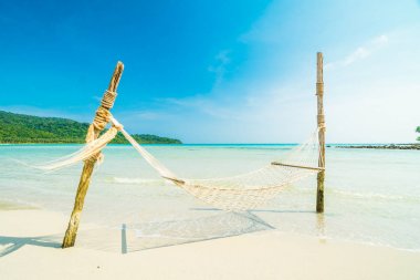 Hamak güzel tropikal plaj tropikal Hindistan cevizi palmiye ağaçları ve deniz ile 