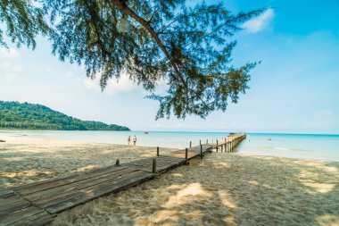 Ahşap iskele veya tropikal plaj ve Deniz Paradise ile köprü