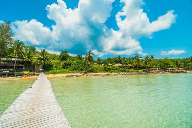 Ahşap iskele veya tropikal plaj ve Deniz Paradise ile köprü