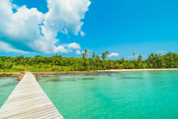 Wooden pier or bridge with tropical beach and sea in paradise is — Stock Photo, Image