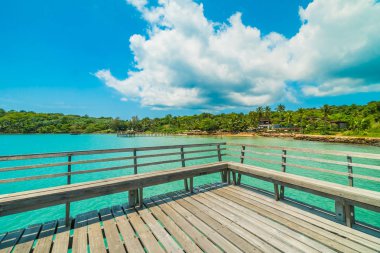 Ahşap iskele veya Cennet Adası için seyahat etmek tatil tropikal plaj ve ile köprü