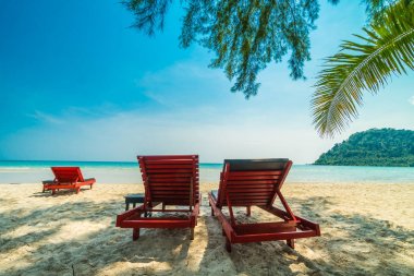 Güzel doğa tropikal plaj ve sandalye ve Hindistan cevizi hurma ağacı için cennet adasında denize sıfır tatil seyahat