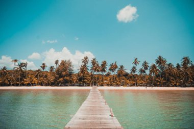 Ahşap iskele veya Cennet Adası için seyahat etmek tatil tropikal plaj ve ile köprü