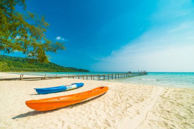 Güzel doğa tropikal plaj ve deniz kayık tekne ve Hindistan cevizi hurma ağacı Cennet Adası için seyahat etmek tatil