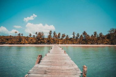 Ahşap iskele veya tropikal plaj ve Deniz Paradise ile köprü