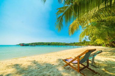 Sandalyenin üstünde güzel tropikal plaj ve deniz