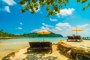 Güzel tropikal plaj ve deniz parad Hindistan cevizi hurma ağacı ile