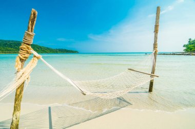 Hindistan cevizi ağaçları ve deniz ile güzel tropik sahilde arka plan hamak