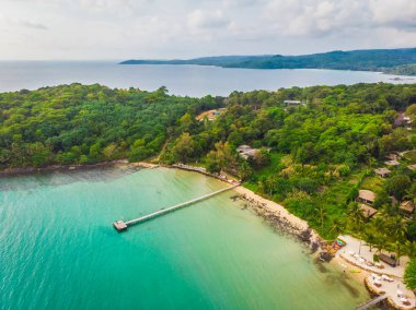 Plaj ve deniz ile Hindistan cevizi hurma ağacı güzel havadan görünümü