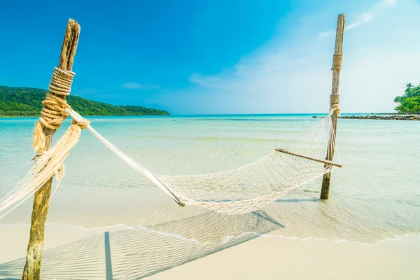 Hindistan cevizi ağaçları ve deniz ile güzel tropik sahilde arka plan hamak