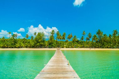 Ahşap iskele veya tropikal plaj ve Deniz Paradise ile köprü