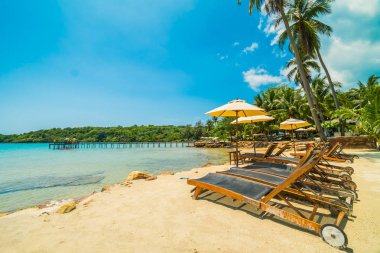 Güzel tropikal plaj ve deniz parad Hindistan cevizi hurma ağacı ile