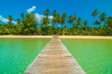 Ahşap iskele veya tropikal plaj ve Deniz Paradise ile köprü