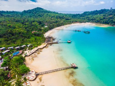 Plaj ve deniz ile Hindistan cevizi hurma ağacı güzel havadan görünümü