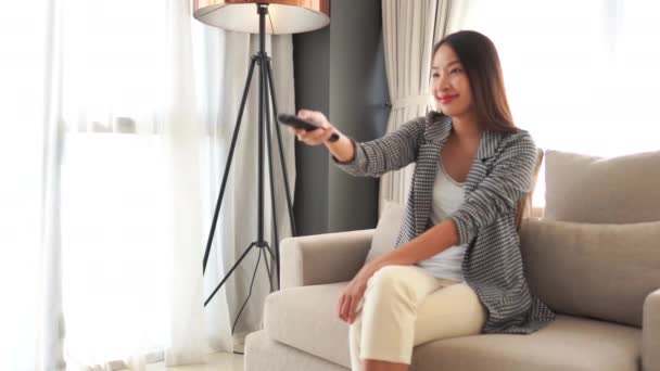 Footage Beautiful Asian Woman Spending Time Alone Home Watching — Stock Video