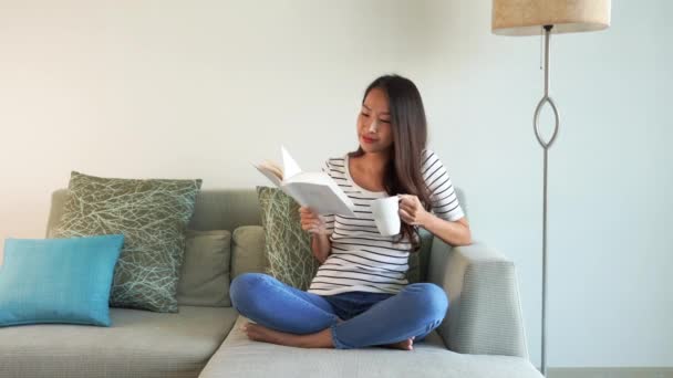 Material Archivo Hermosa Mujer Asiática Leyendo Libro Sofá Casa — Vídeos de Stock