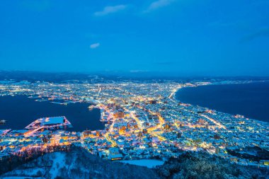 Güzel manzara ve tuvalet için dağ Hakodate üzerinden cityscape