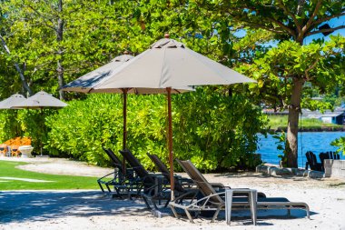 Şemsiye ve sandalye kumsalda ve denizde mavi gökyüzüyle