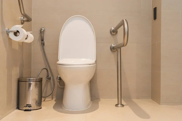 Λευκή λεκάνη τουαλέτας και διακόσμηση καθίσματος στο μπάνιο — Φωτογραφία Αρχείου