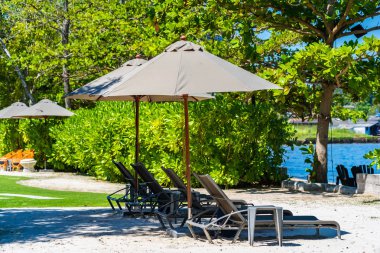 Şemsiye ve sandalye kumsalda ve denizde mavi gökyüzüyle