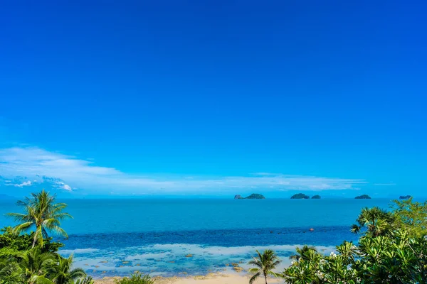 Beautiful tropical sea ocean with coconut palm tree on blue sky — Stock Photo, Image