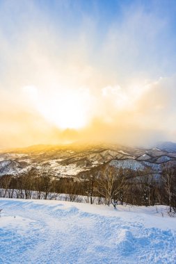 Dağın etrafından kar kış deniz ağacında ile güzel manzara