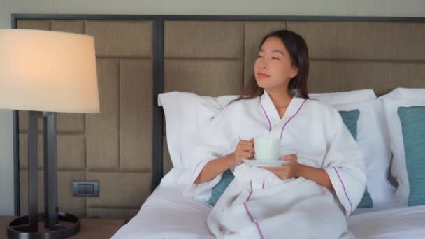 Footage Beautiful Asian Woman Cup Hot Drink Relaxing Home — Stock Video