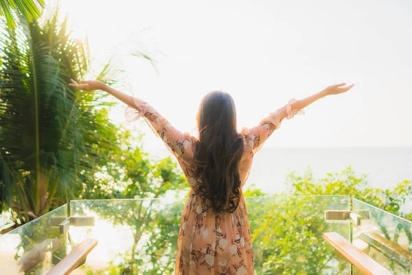 Portrait beautiful young asian women happy smile around outdoorn — Stock Photo, Image