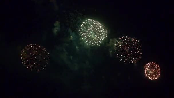 Imágenes Cerca Fuegos Artificiales Que Explotan Cielo Nocturno — Vídeos de Stock