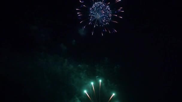 Close Upbeelden Van Vuurwerk Dat Ontploft Nachtelijke Hemel — Stockvideo