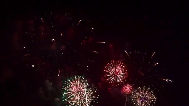 Imágenes Cerca Fuegos Artificiales Que Explotan Cielo Nocturno — Vídeos de Stock