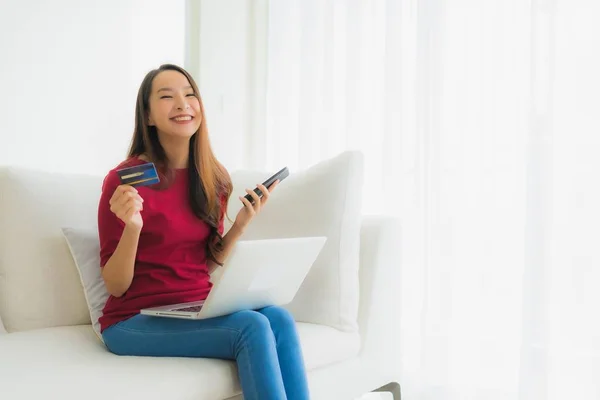 Portrait beautiful young asian women using computer laptop with — Stock Photo, Image