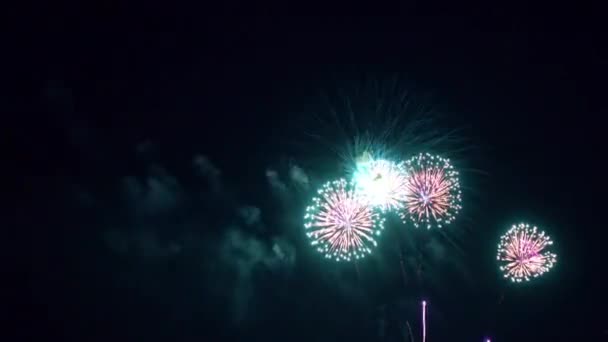 Imagens Perto Fogos Artifício Explodindo Céu Noturno — Vídeo de Stock