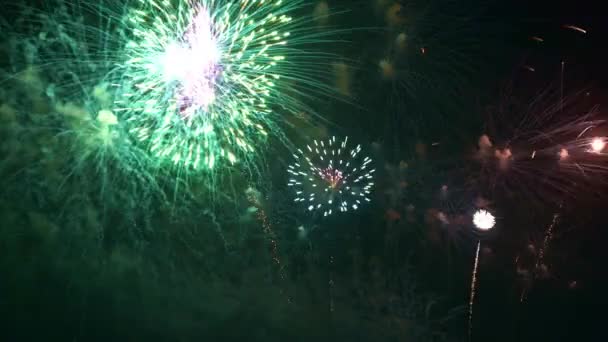 Imagens Perto Fogos Artifício Explodindo Céu Noturno — Vídeo de Stock