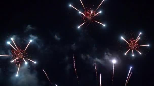 Gece Gökyüzünde Patlayan Havai Fişeklerin Yakın Çekim Görüntüleri — Stok video